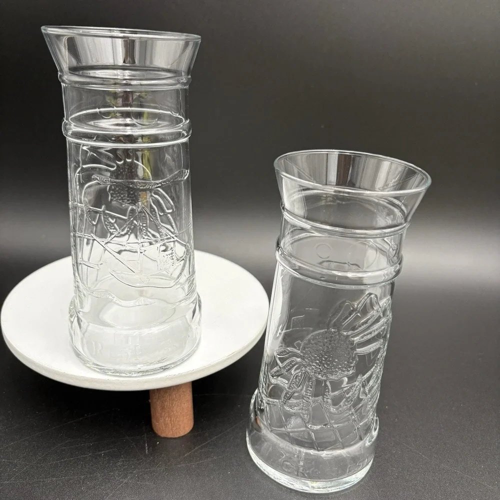 Red Lobster Embossed Lighthouse Crabfest‎ Glass Set of 2 Crab Sailboat NICE